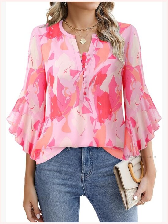 Tops - 3/4 Length Sleeve Womens Blouse Dressy Casual Button Down V Neck Pullover Top